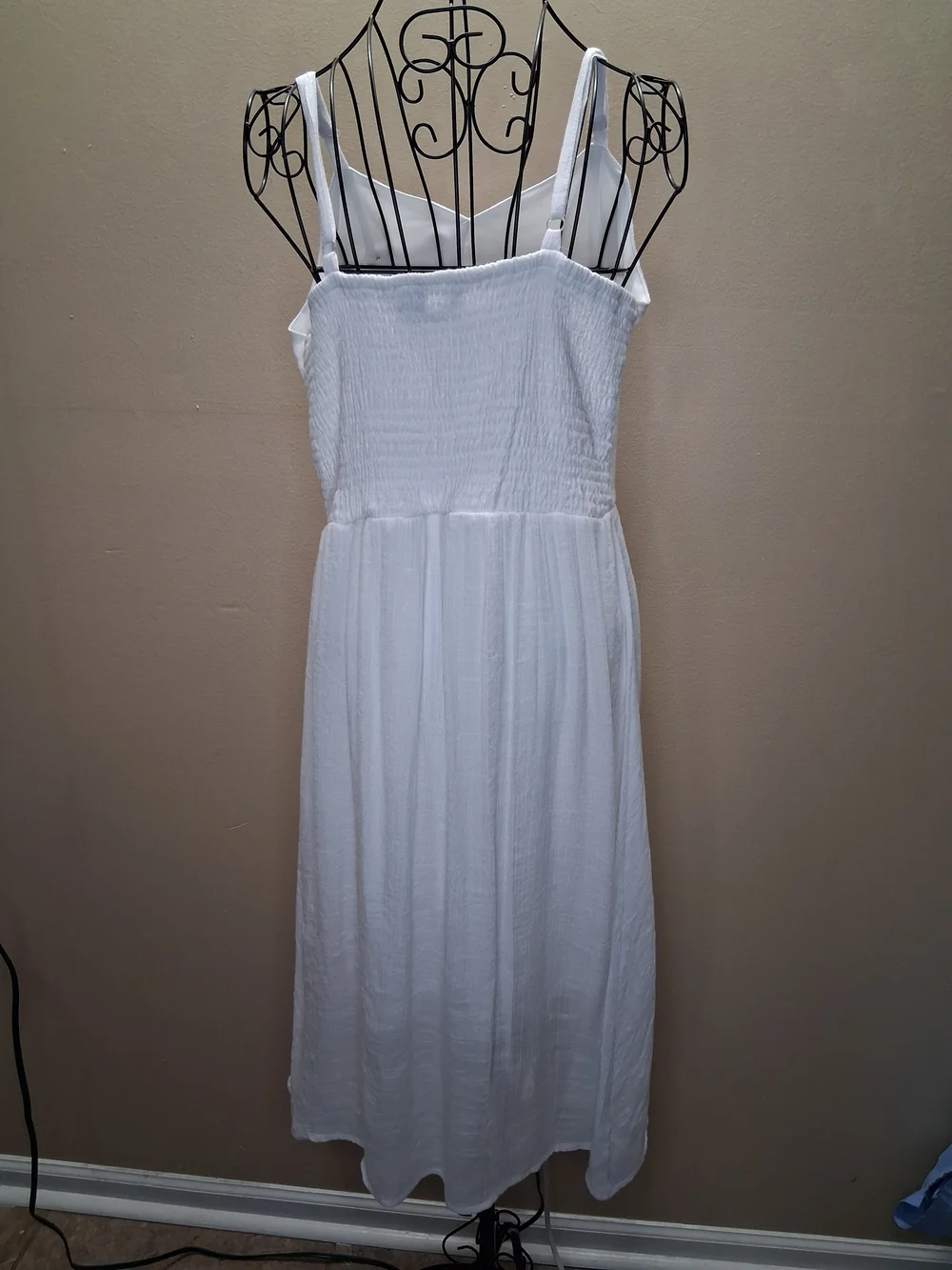 White Midi Dress XL Button Front Smocked SunDress Summer Boho Rayon - Picture 8 of 9